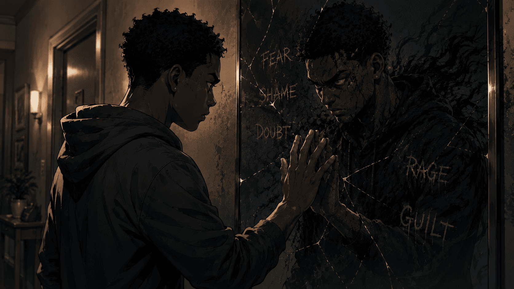 A figure confronting their own internal darkness in a fractured mirror