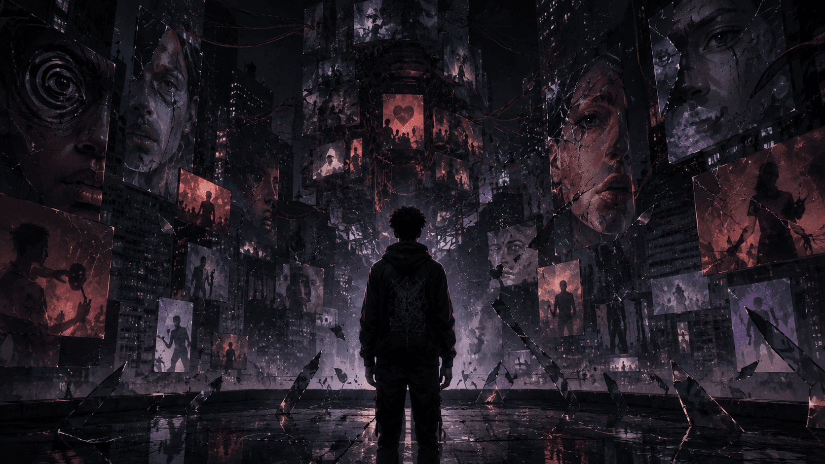 Fragmented reflections scattered across glowing screens and mirrors